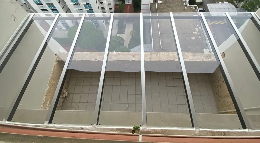 Polycarbonate awning mounting system close view